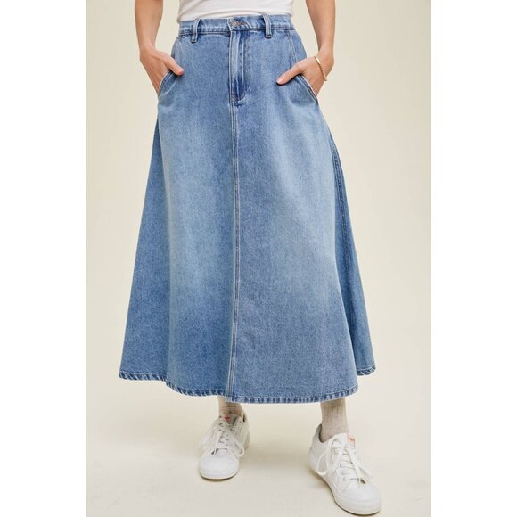 High-Waisted Denim Midi Skirt A-Line Blue Jean Skirt with Pockets - Picture 2 of 4